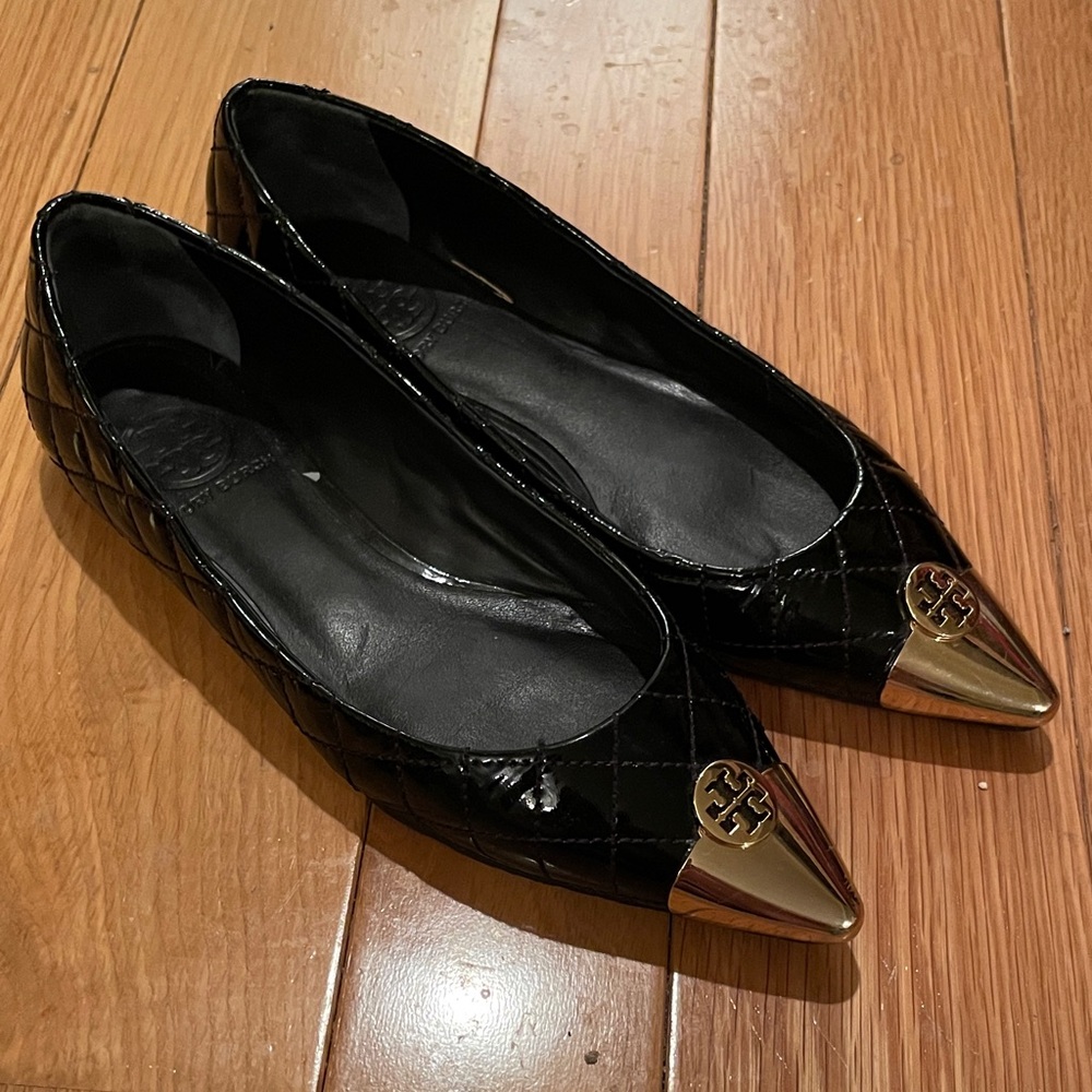 Tory Burch Black Leather Quilted Flats with Gold Tips 7.5